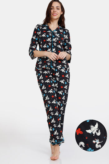 Buy Zivame Color Me Happy Knit Cotton Pyjama Set Jet Black at Rs